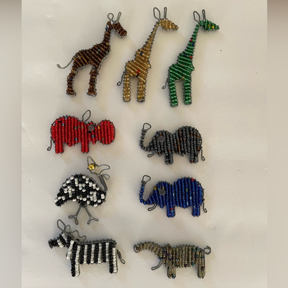 Set of 9- African Handmade Beaded Safari Animal Figurines Small Accents NWOT